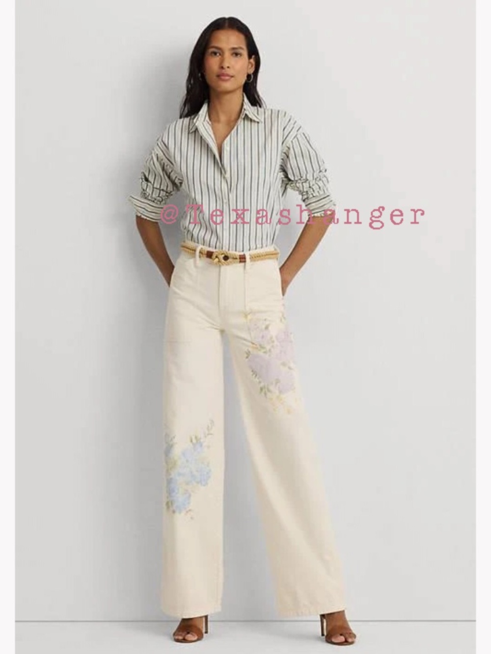 Lauren NWT Floral High Rise Wide Leg Jeans Size 10 Mascarpone Cream